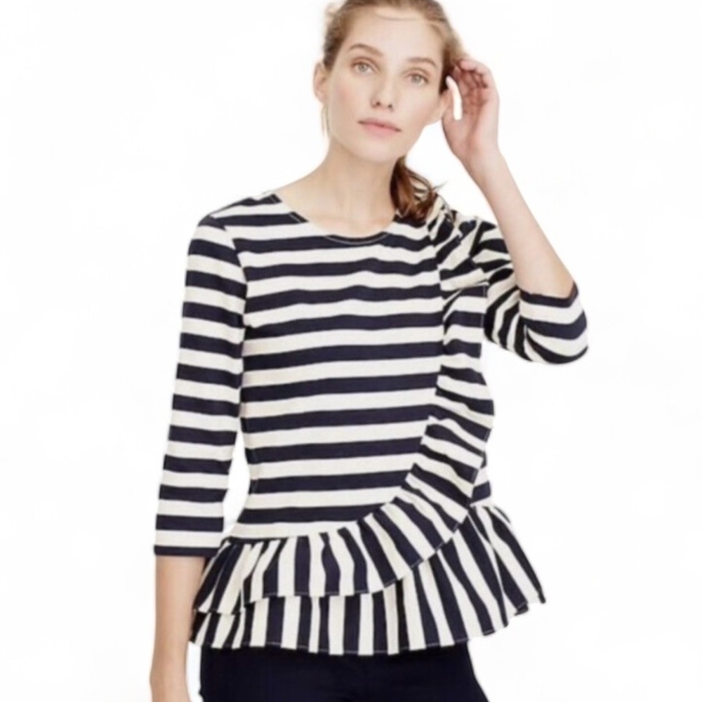 J.Crew Asymmetrical Striped Ruffle Blouse